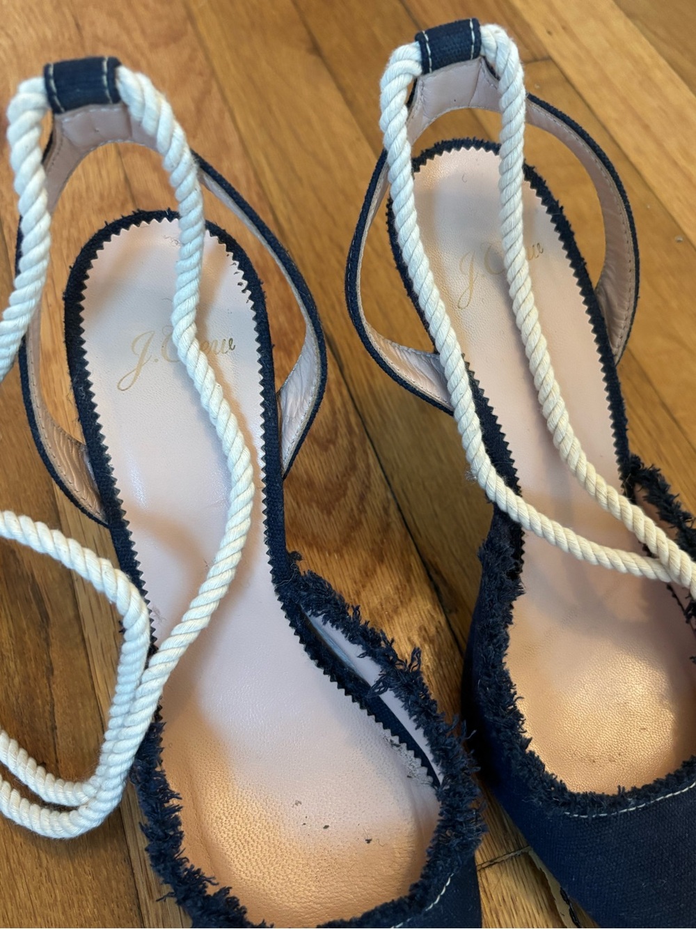 J. Crew Navy Pointed Slingback Heels with White Rope Ties - Picture 3 of 6